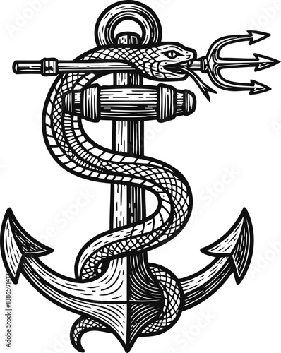 Vintage nautical anchor entwined with serpent holding a trident in classic black and white design