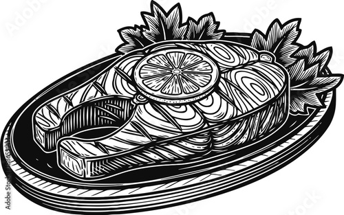 Grilled salmon steak with lemon slice and leafy garnish on wooden plate engraving