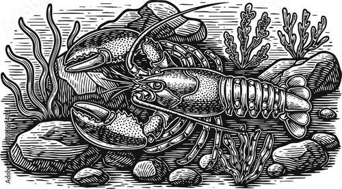 Vintage lobster illustration with ocean rocks and seaweed in black and white engraving