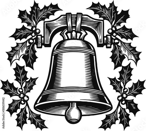 Vintage bell with holly leaves and berries decoration in black and white engraving