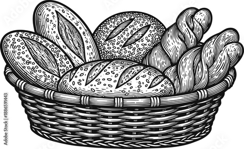 Basket of assorted fresh bread loaves and rolls in woven basket illustration