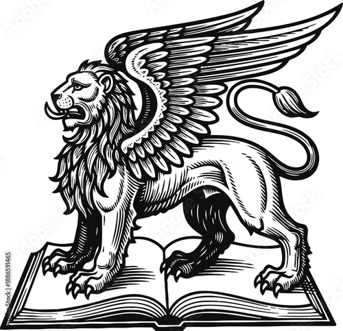 Winged lion standing on open book vintage heraldic symbol, mythological creature, fantasy illustration