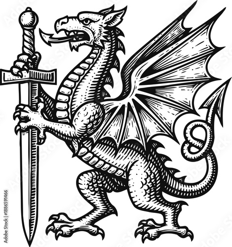 heraldic dragon holding a sword medieval mythical creature with wings, scales, claws, and tail in vintage