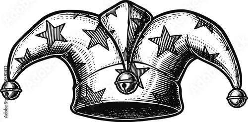 vintage jester hat with bells and stars classic carnival or medieval fool headwear in black and white sketch