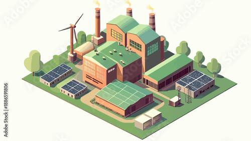 Isometric Green Industrial Factory with Solar Panels Wind Turbine Sustainable Energy Eco Power Station Flat Vector Illustration