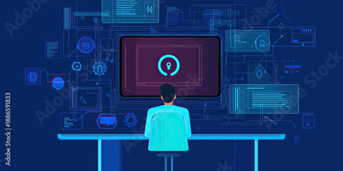 Person working on computer with digital data interface and cyber security technology connection network in futuristic technology concept design