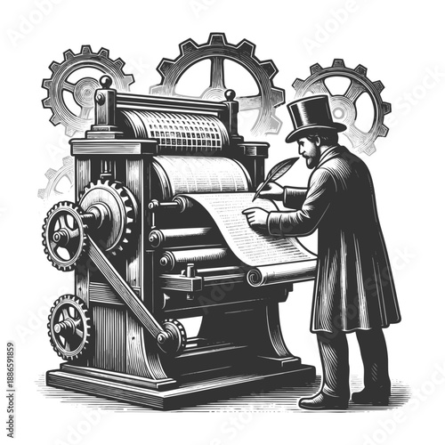 Victorian-era man writing with a quill on paper fed through an antique printing machine sketch engraving generative ai vector illustration. Scratch board imitation. Black and white image.