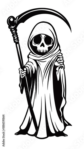 Vector illustration of cartoon grim reaper holding scythe with skull face cloak hood minimalist black and white line art design for kids
