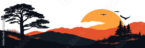 Silhouette of large tree and pine trees on grassy hills with orange sunset behind mountain range and flying birds minimalist vector landscape scene