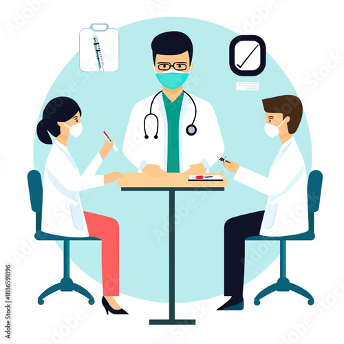 Medical team wearing face masks discussing vaccine injection and patient care in clinic setting with stethoscope and syringe vector illustration