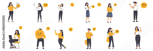 Diverse people providing feedback and rating satisfaction using emoticons in flat minimalist vector style for customer review and support concept
