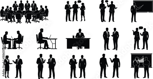 Business meeting silhouettes set in black and white illustration showing office discussions, presentations, negotiations and teamwork, corporate professional activity collection for modern graphic 