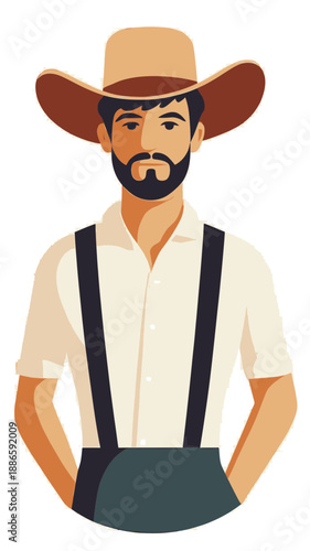 Portrait of bearded farmer wearing cowboy hat and suspenders in flat minimalist vector style, agriculture worker with traditional attire and neutral expression