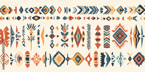Hand drawn ethnic border pattern with tribal geometric shapes and arrows in warm earthy tones flat minimalist vector illustration