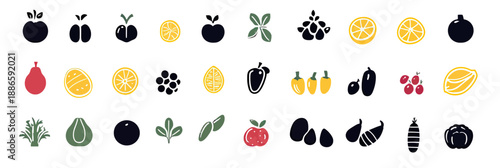 Flat minimalist vector icons of assorted fruit and vegetable produce including apple grapes lemon pepper avocado and herbs healthy food symbols set