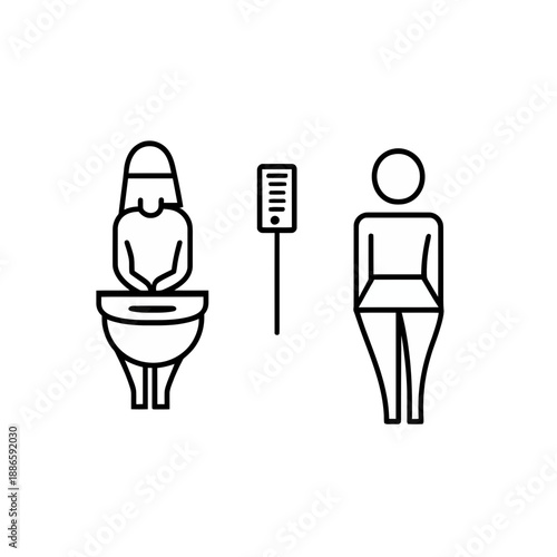 Minimalist line art toilet restroom icons man sitting on toilet and woman standing with humorous design black outline