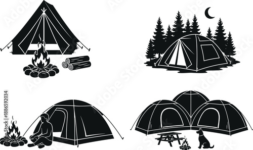 Camping tent silhouettes set featuring campfire forest night outdoor adventure travel hiking illustration black white icons minimalist retro nature wilderness camping gear design