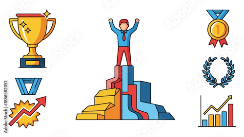Man Standing on Steps with Arms Raised in Victory Illustration