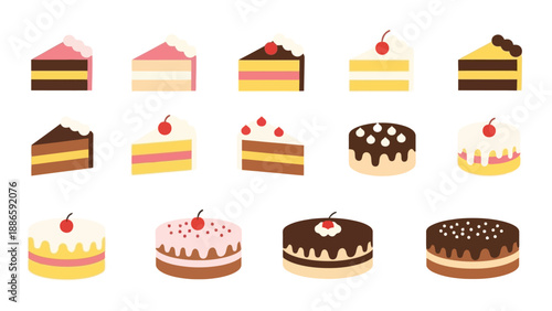 Variety of colorful cakes with different toppings and fillings displayed together