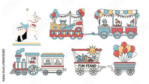 Joyful Carnival Ride: A vibrant illustration showcasing a charming carnival scene, highlighting a whimsical carousel and various colorful train cars filled with delightful characters.