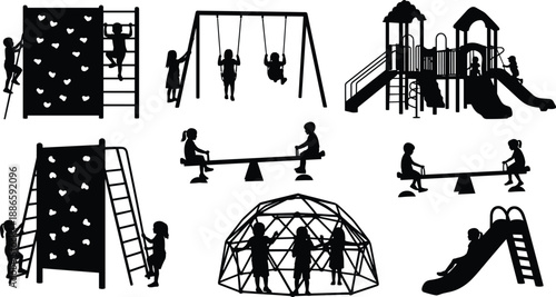 Children playground silhouettes set in black and white illustration showing kids climbing, swinging, sliding and playing on outdoor equipment, recreation activity collection for design