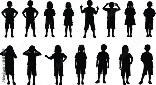 Children standing silhouettes in black and white illustration showing boys and girls in different poses, body language collection for childhood activity and character design concepts