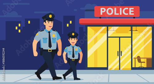 Vector illustration adult and junior police officers walking from a police station at night, symbolizing law enforcement and public safety