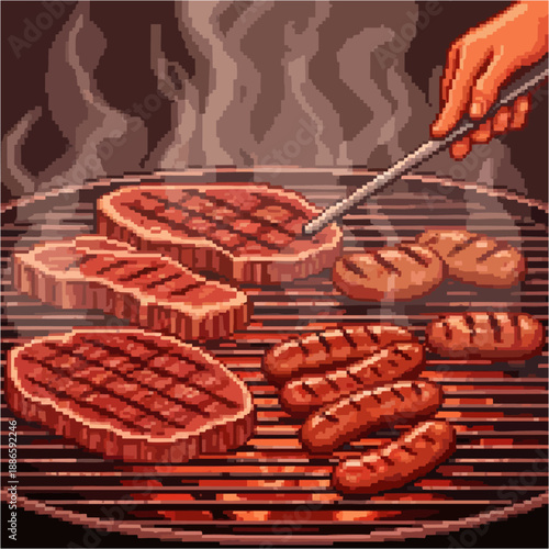 Delicious grilled steaks and sausages sizzling on a barbecue grill with glowing embers below, perfect for a summer cookout or outdoor feast