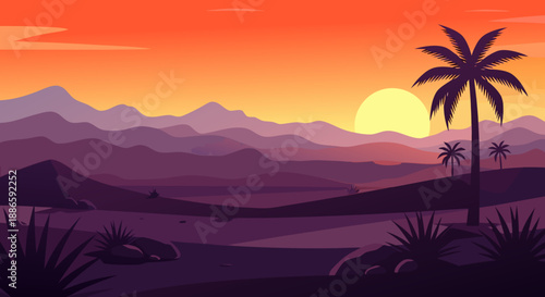 Colorful desert sunset vector illustration featuring majestic mountains, silhouetted palm trees, and a radiant sun. Beautiful atmospheric landscape artwork