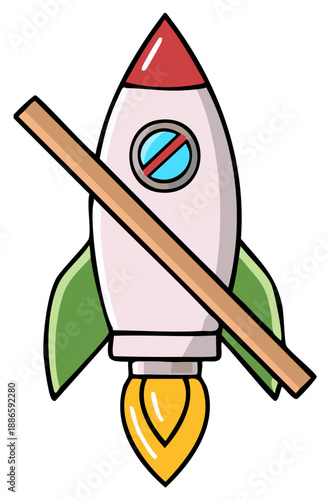 Cartoon Rocket Ship Launch Prohibited Symbol, No Startups, Spacecraft Mission Blocked, Warning Sign, Travel Ban