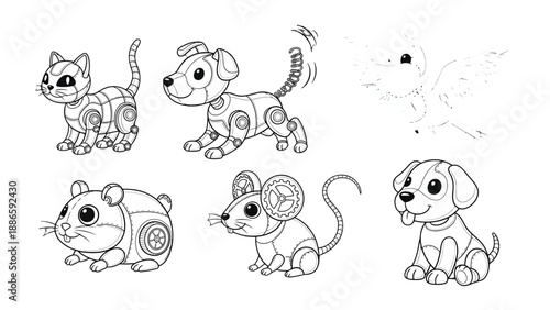 Robotic Pets: Adorable and intricate illustrations of mechanical pets come to life with a blend of charm and technical ingenuity. This captures a world where pets and technology combine.