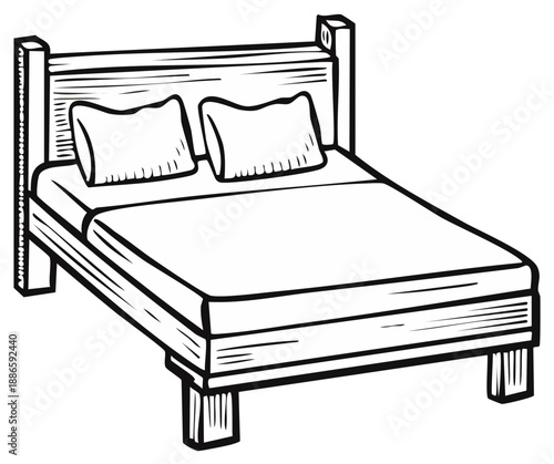 Hand-Drawn Bed Illustration with Pillows and Bedding in Line Art Style, Bedroom Furniture Sketch