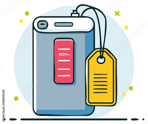 Portable Charger with Display and Yellow Tag Illustration on White Background
