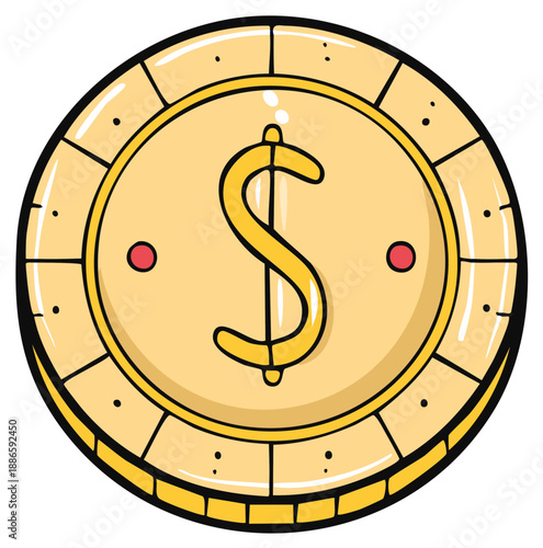 Cartoon style gold coin with dollar sign a simple economic finance symbol money illustration