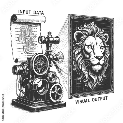machine transforming scroll-based input data into realistic lion face, symbolizing creative AI and data visualization sketch engraving generative ai vector illustration. Scratch board. Black and white