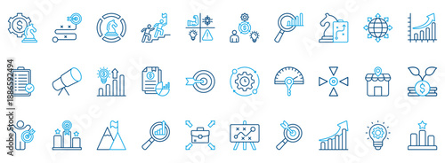 Business Strategy Icon Set. Contains Icons That Are Relevant For Business. Designed In Vector Outline Color Style