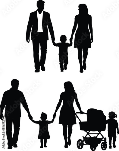Family silhouette illustration showing parents walking with children and baby stroller, black vector design representing love, parenting, childcare, togetherness, and modern family lifestyle concepts