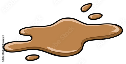Cartoon brown puddle with splatters, isolated on a white background, vector illustration.