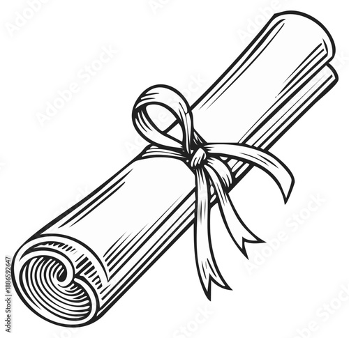 Rolled Diploma or Scroll Tied with a Ribbon, Black and White Illustration