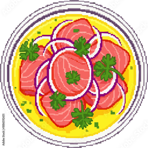 Pixel Art Illustration of a Vibrant Marinated Fish Dish, Featuring Tender Pink Seafood, Crisp Red Onions, and Green Garnish in a Zesty Yellow Sauce, Served on a Plate