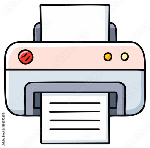Stylized cartoon printer with blank sheets, in process, document printing in pink and grey.