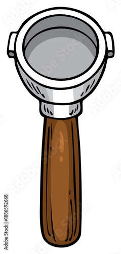 Espresso machine portafilter with wooden handle viewed from above