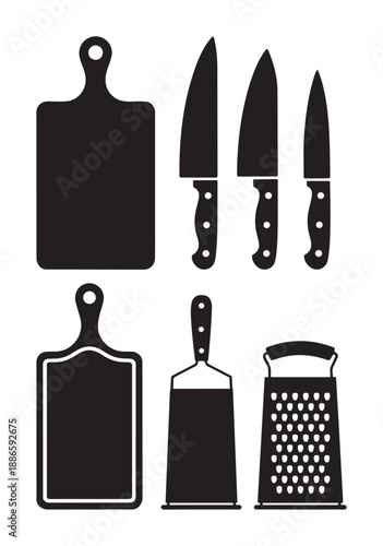 Black kitchen utensils white cutting
