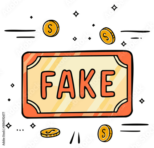 Cartoon illustration of a "FAKE" sign with coins and decorative elements