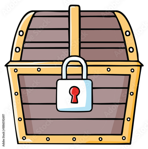 Secure Wooden Treasure Chest with Padlock and Decorative Gold Straps Cartoon Illustration