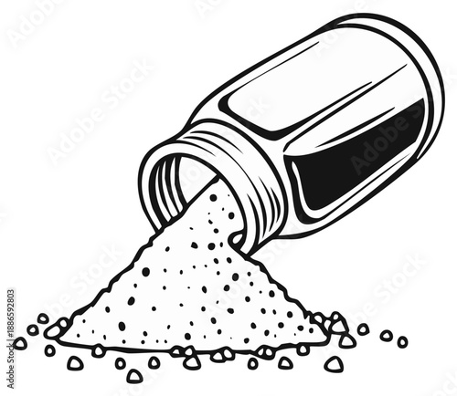 Illustration of condiment shaker pouring grains, crystals or powder in a heap, black and white vector drawing of seasoning spilling
