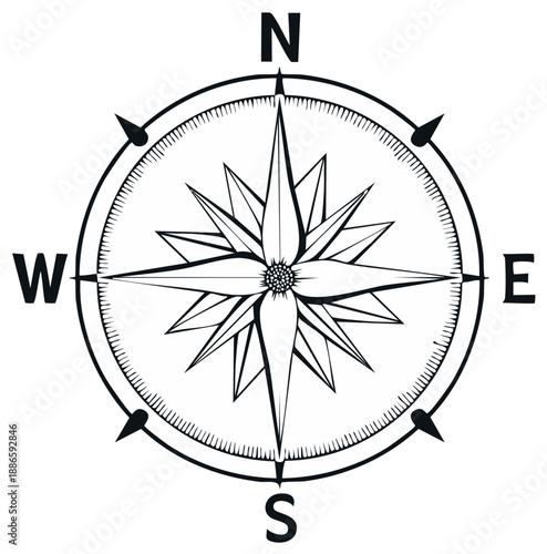 Detailed Compass Rose Navigation Tool Graphic, a Versatile Symbol for Direction, Exploration and Adventure for Travelers and Explorers
