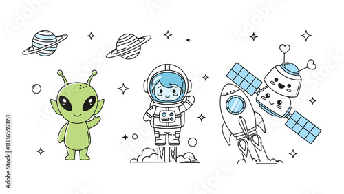 Cartoon Cosmos: A captivating illustration showcases an adorable astronaut, a friendly alien, rocket, and satellite embarking on an exciting space adventure. 