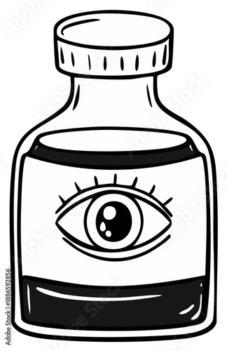 Glass Bottle with Eye Graphic Filled with Dark Liquid Potent Potion or Mysterious Elixir