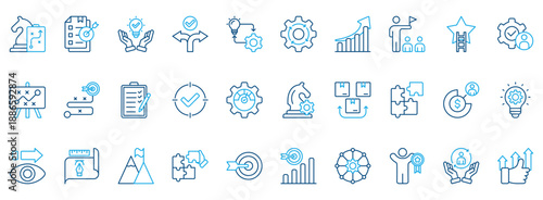 Strategy Icon Set. Contains Icons That Are Relevant For Business. Designed In Vector Outline Color Style